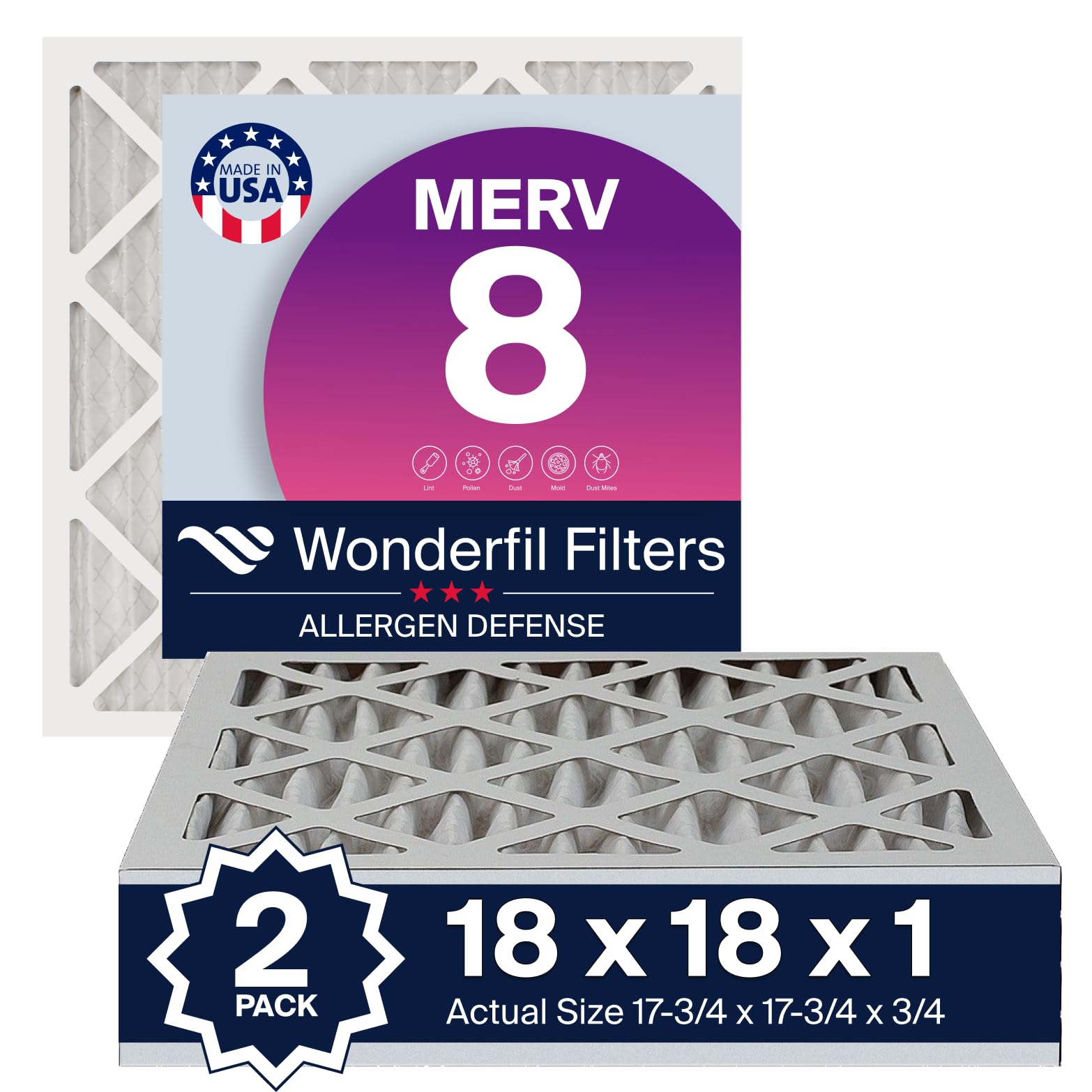 Photo 1 of 18x18x1 MERV 8 Air Filter (2-Pack) | Wonderfil Filters | Pleated HVAC Design | Perfect Fit for AC & Furnace Systems | Actual Size: 17.75" x 17.75" x 0.75"