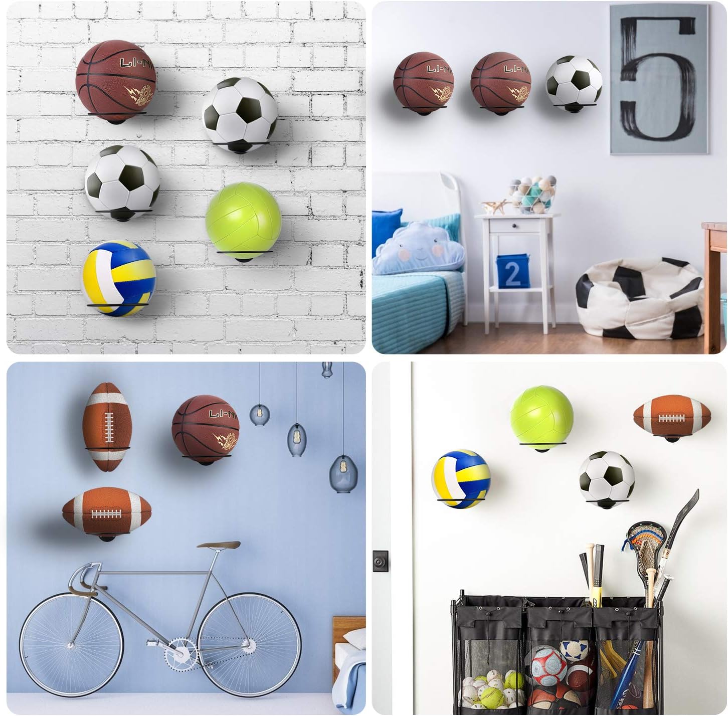 JJDPARTS 2 Pack Sports Ball Holder Wall Mount Display Rack with 2 Pack Basketball Net Bags for Basketball Volleyball Rugby Soccer (2 Pack): Sports & Outdoors