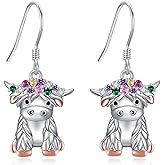 JERWLI Cow Earrings for Women 925 Sterling Silver Highland Cow Dangle Earring Cow Jewelry Gifts for Women Lover