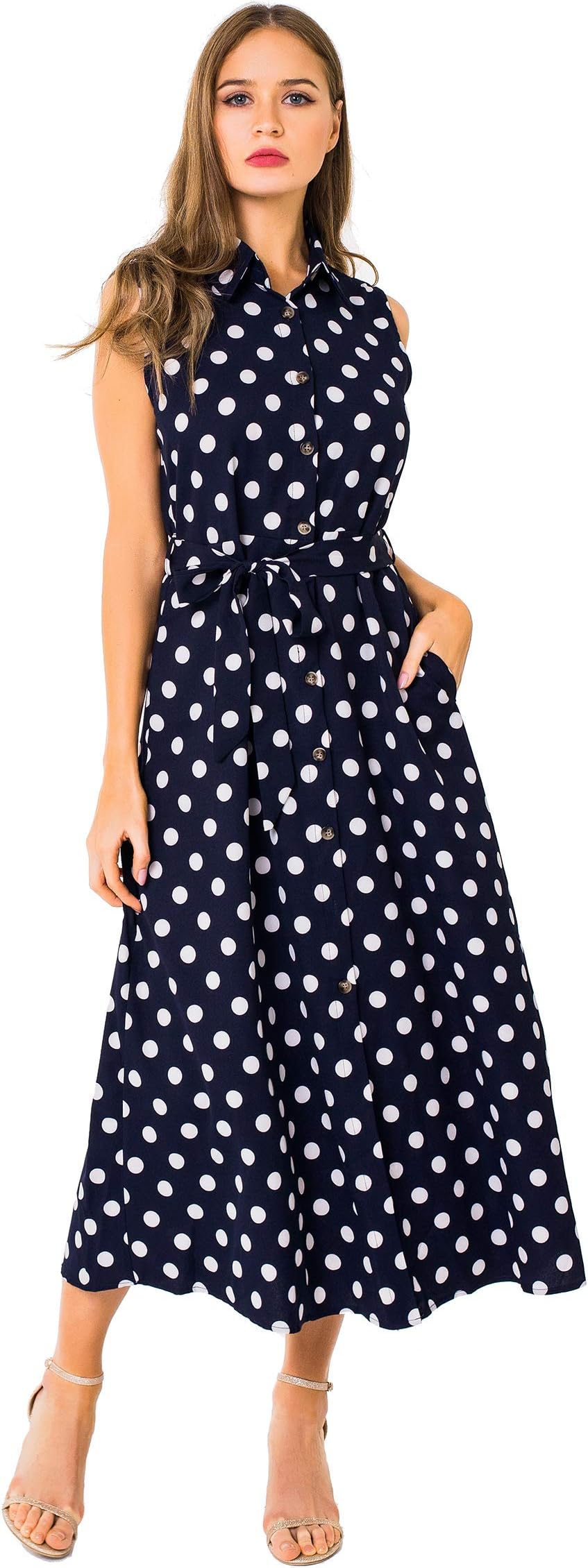 Women's Vintage Lapel Collar Polka Dot Button Pockets Casual Work Shirt Dress with Belt