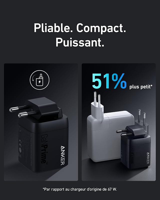 Prime Chargeur USB-C Rapide 67 W GaN, 3 Ports, Compact et Pliable