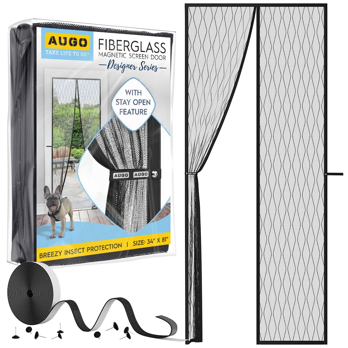 AUGO Designed Fiberglass Magnetic Fly Screen Door - Self Sealing, Heavy Duty, Hands Free Mesh Net Partition Keeps Bugs Out - Pet and Kid Friendly - Patent Pending Keep Open Feature - 87 x 207cm