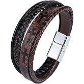 Mrcaois Mens Leather Cross Bracelet Multilayer Braided Wristband Bangle Bracelets with Stainless Steel Buckle Religious Gift for Men Brown/Black/Blue–8.3 inch
