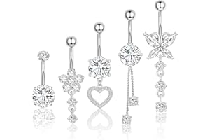 Hoxfly 5Pcs Belly Button Rings, Silver Stainless Steel CZ Belly Button Piercing, Heart Flower Butterfly 14G Dangling Dangle B