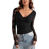 WISFRUIT Women's Sexy Deep V-Neck Lace Long Sleeve Shirts Double Lined Slim Fitted Backless Tie Going Out Crop Top