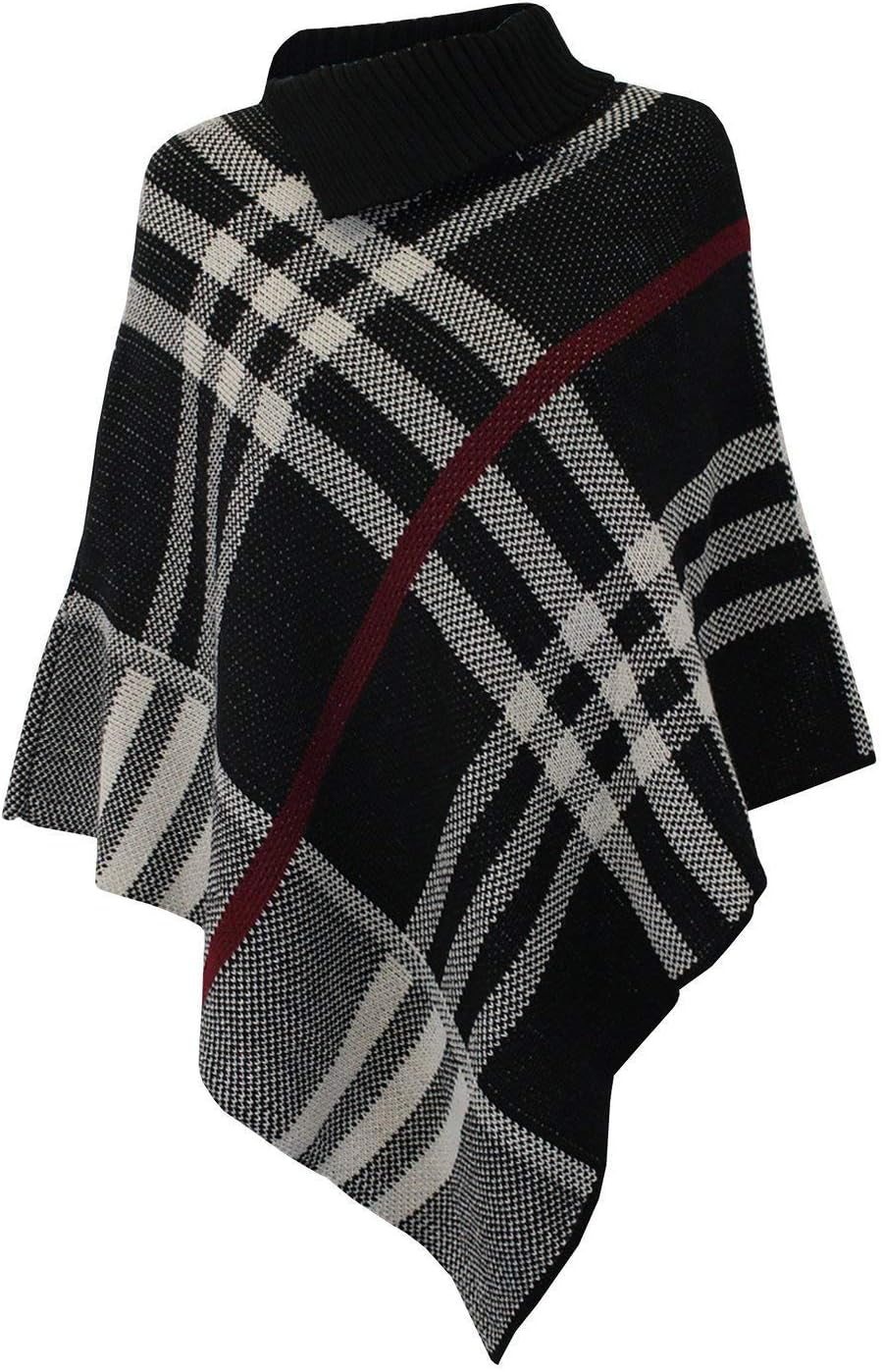 JZ Clothes Women's Checked Knitted Winter Poncho Red Band Wrap Shawl Cape