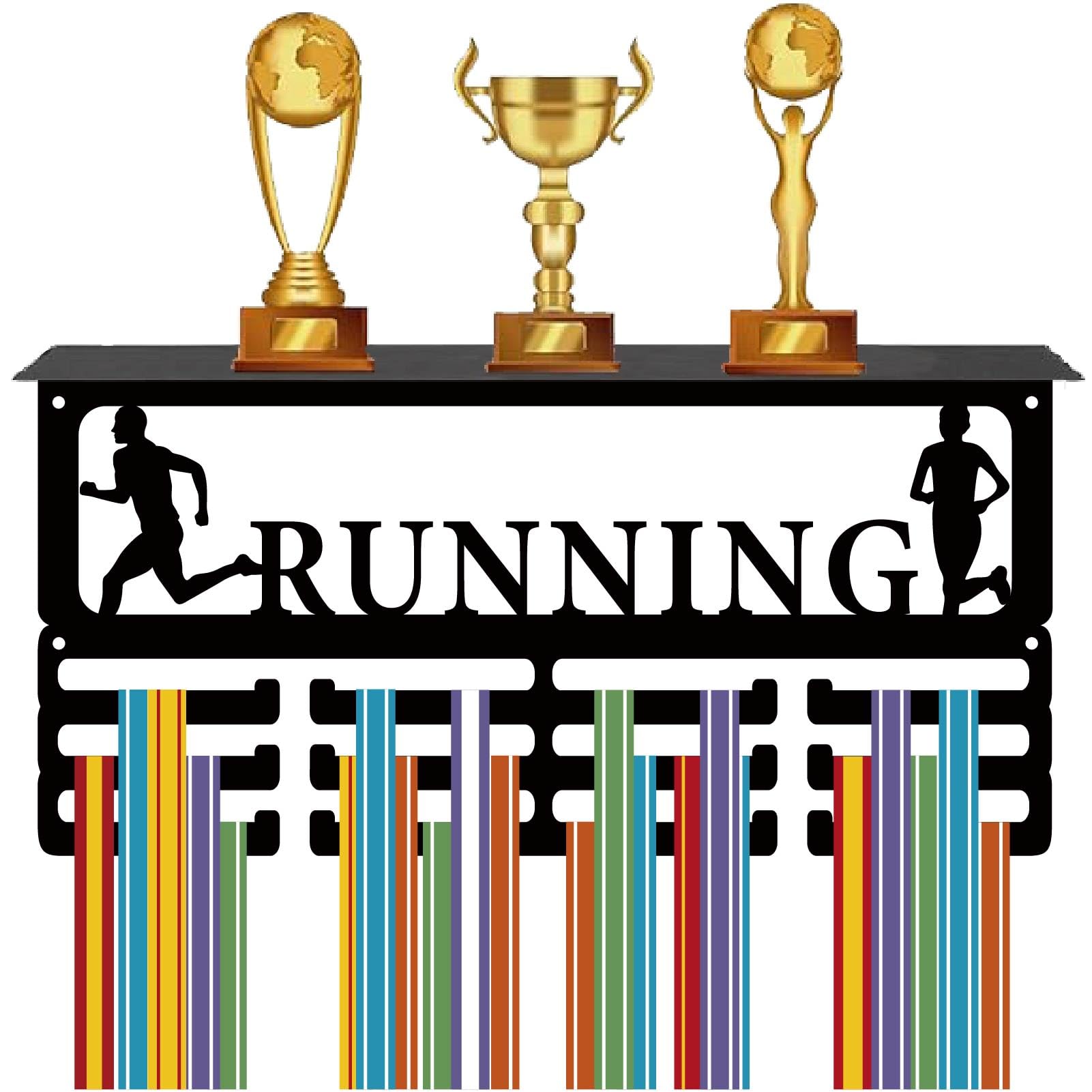 CREATCABIN Running Medal Hanger Display Trophy Shelf Medal Holder with Shelf Stand Sports 4 Rows Metal Hanging Wall Mount Hold 70+ Medals for Runners Marathon Competition Ribbon Medals 15.7x7.9Inch