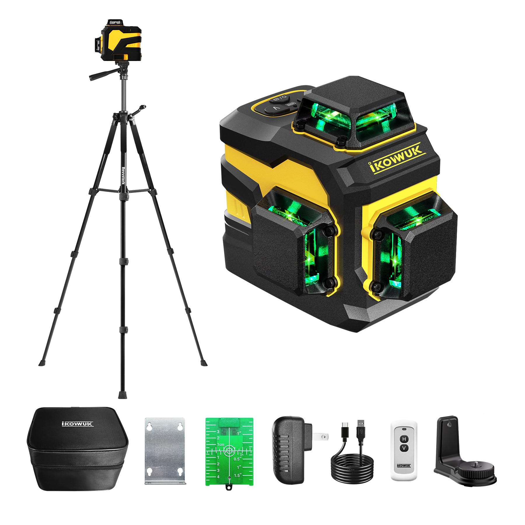 IKOVWUK Laser Level with Tripod, 3x360° Cross Line Laser for Construction and Picture Hanging, Level Tool with 5200 mAh Rechargeable Battery, Compact Adjustable 59.8-inch Tripod, Remote Control Image