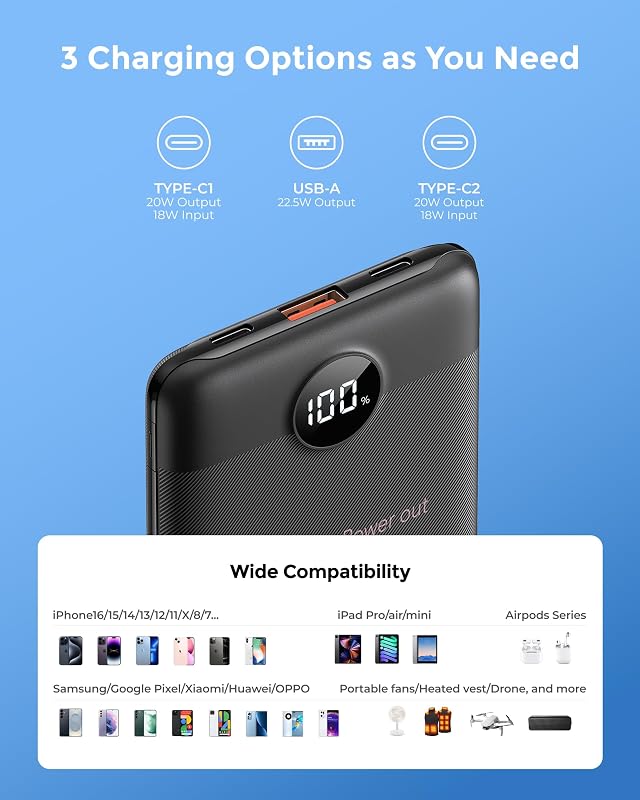 Power Bank 10000mAh PD 22,5W, 3 Ausgänge & 2 Eingänge, Klein — Foto 7 von 8