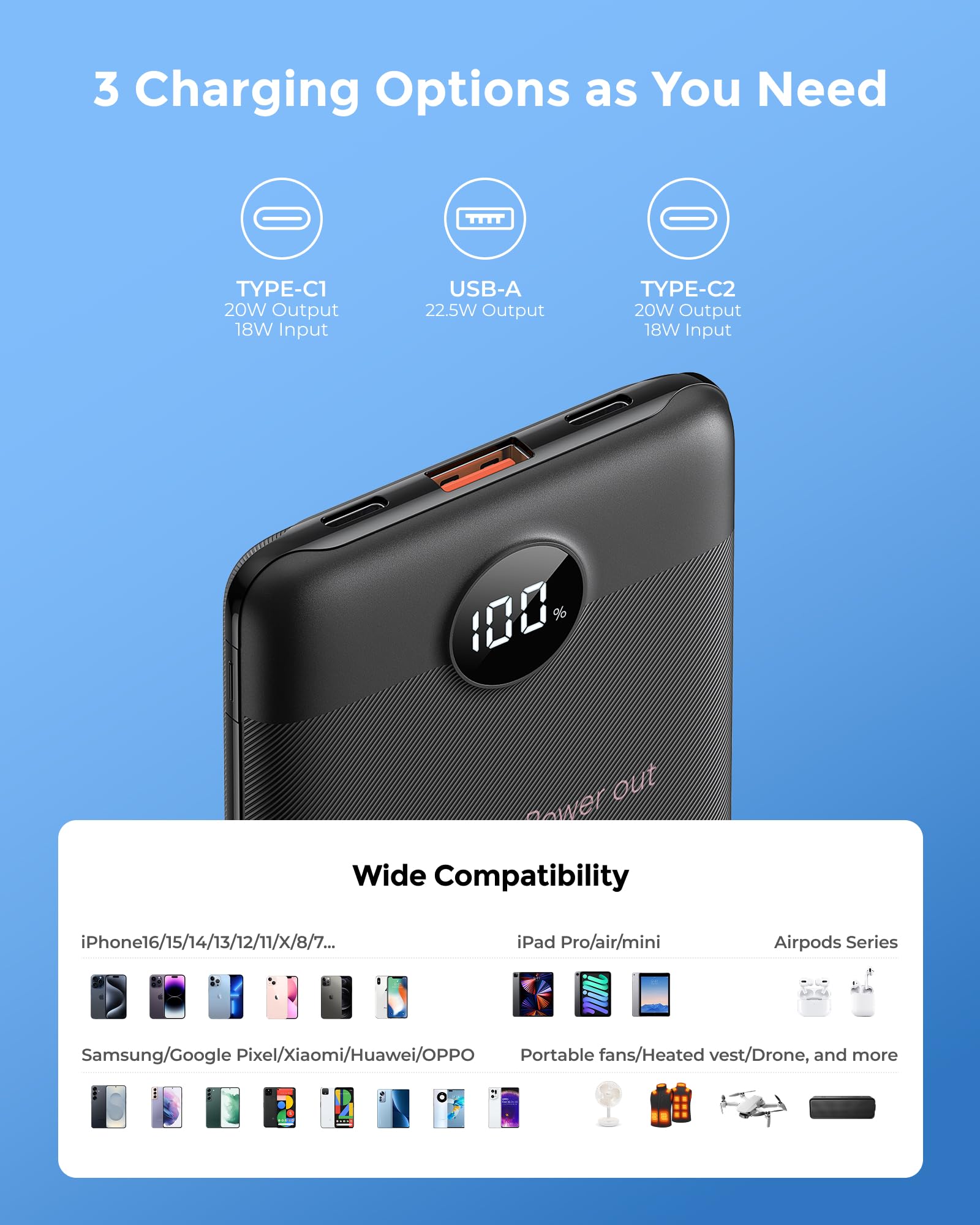 VEEKTOMX Power Bank 10000mAh PD 22,5W, 3 Ausgänge & 2 Eingänge, Klein 7