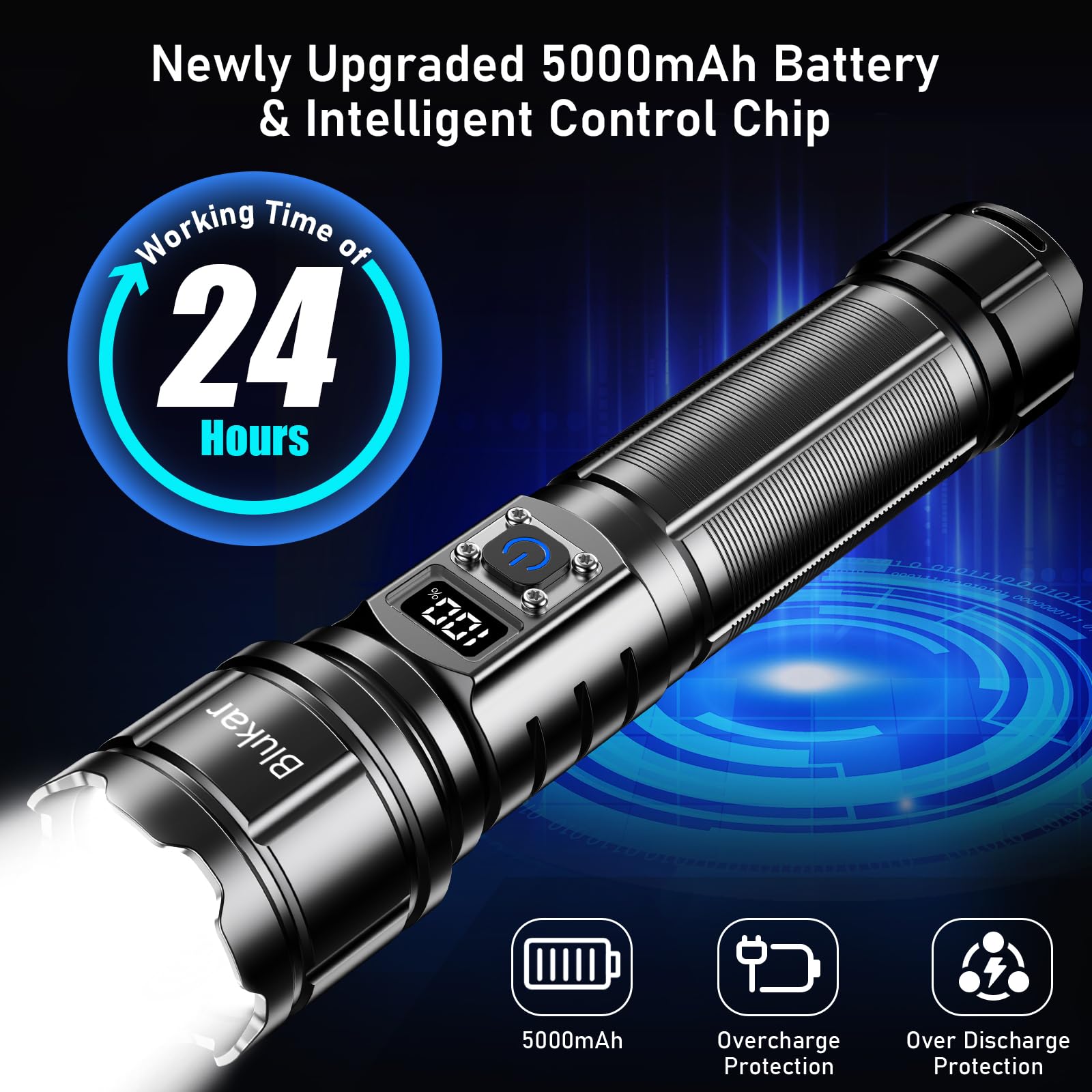 Blukar Taschenlampe LED Aufladbar, Extrem Hell Hohe Helligkeit Taschenlampen Zoombare Handlampe mit 5 Lichtmodi, IP67 Wasserdicht Flashlight Torch für Camping, Outdoor, Notfäll 5