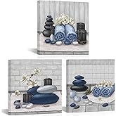 RnnJoile Spa Canvas Wall Art Zen Stone Orchid Picture Painting Navy Blue Still Life Prints for Bathroom Zen Meditation Room Decor Framed 12"x12" for Each