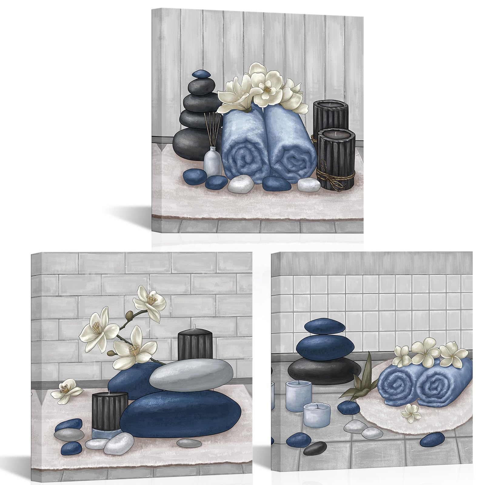 Photo 1 of RnnJoile Spa Canvas Wall Art Zen Stone Orchid Picture Painting Navy Blue Still Life Prints for Bathroom Zen Meditation Room Decor Framed 12"x12" for Each