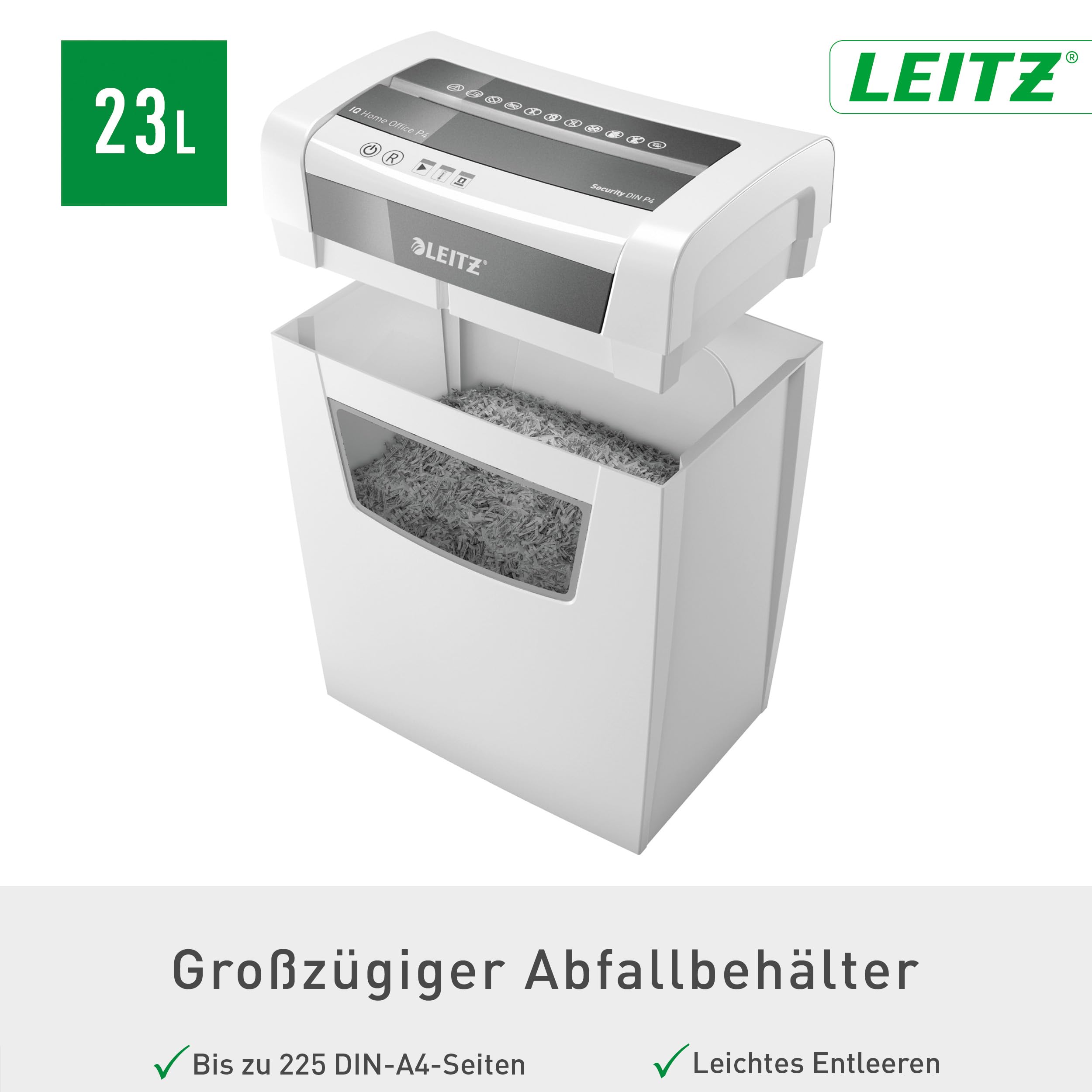 Leitz IQ Aktenvernichter Home Office, 12-10 Blatt (70-80 g/m²), TÜV+GS zertifiziert, Partikelschnitt, Sicherheitsstufe P4, Die Nummer 1 am Markt, 23L Behälter, Schredder für Büro, Weiß, 80090000 5