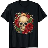 Sugar Skull Halloween Roses Flower Women Girls T-Shirt