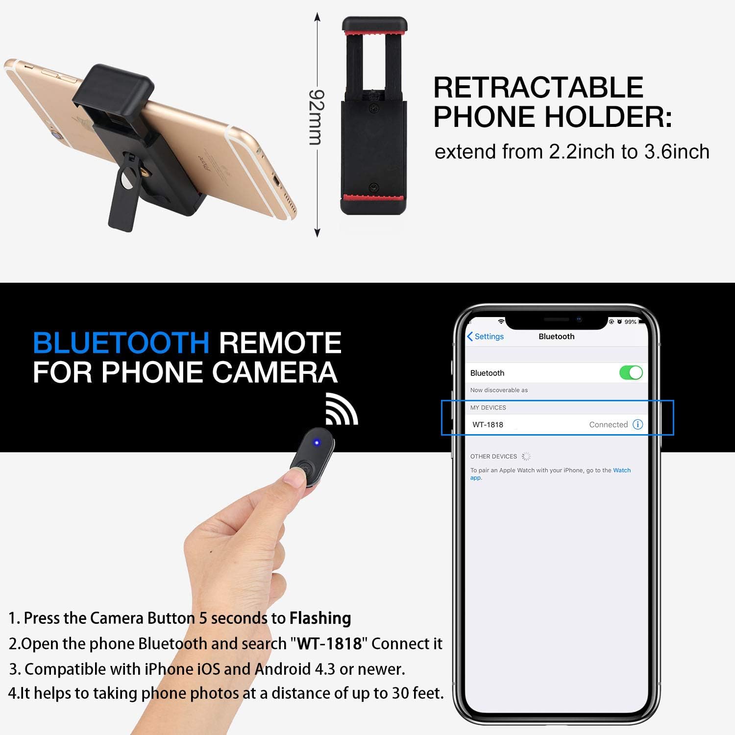 Phone Tripod Nagnahz 55inch Video Recording Tripod Stand with Bluetooth Remote 360 Panorama Pan Head Travel Portable Selfie Stick Extendable Tripod for Mobile Phones iPhone 11/Xs/X/8/Gopro/Camera: Camera & Photo