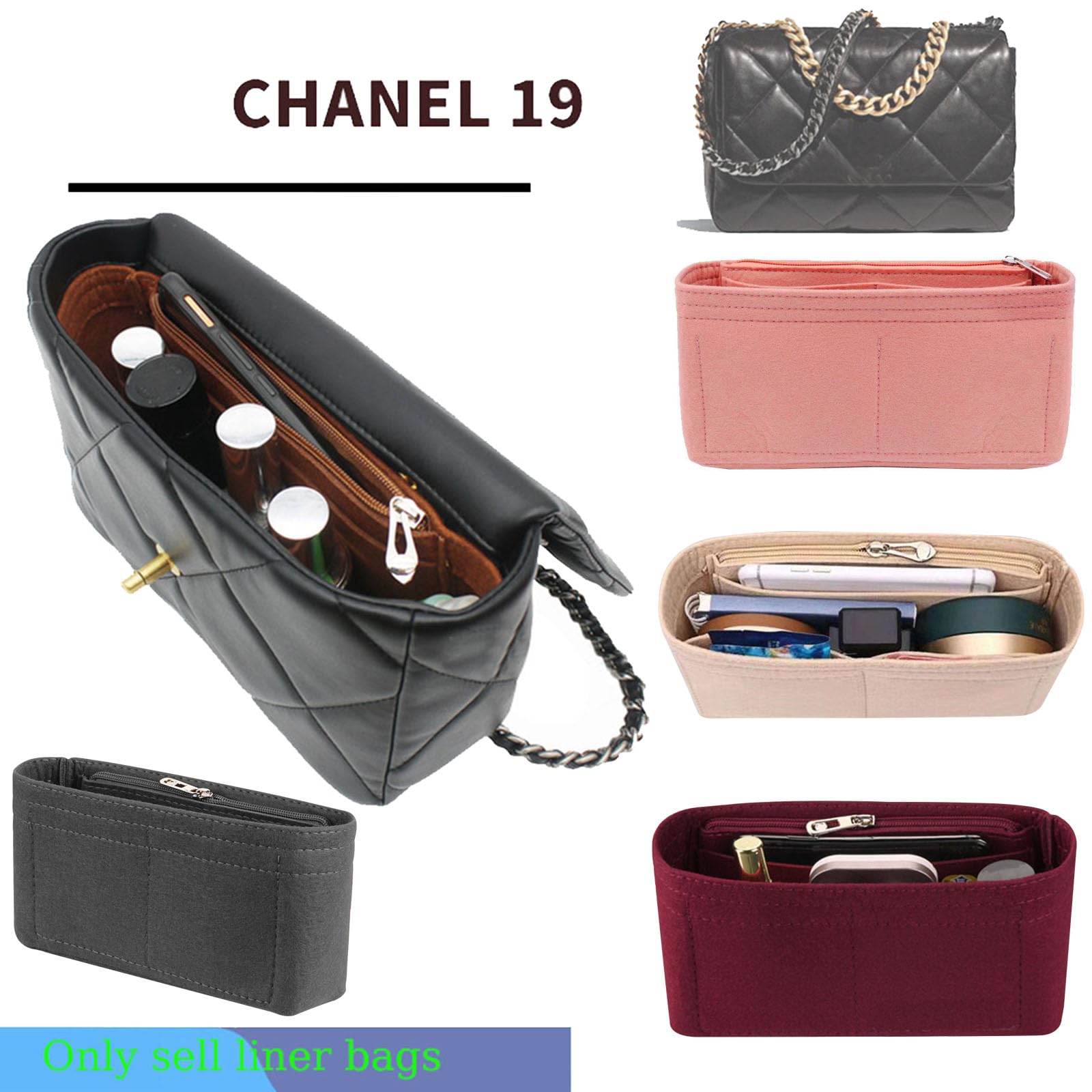 Purse Organizer Insert for 19 Flap Bag Large bag Organizer with Side Zipper Pocket 1016beige-M