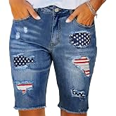 WGXWGX 2026 Womens Jean Bermuda Shorts High Waisted Ripped Distressed Casual Summer Denim Shorts American Flag Print