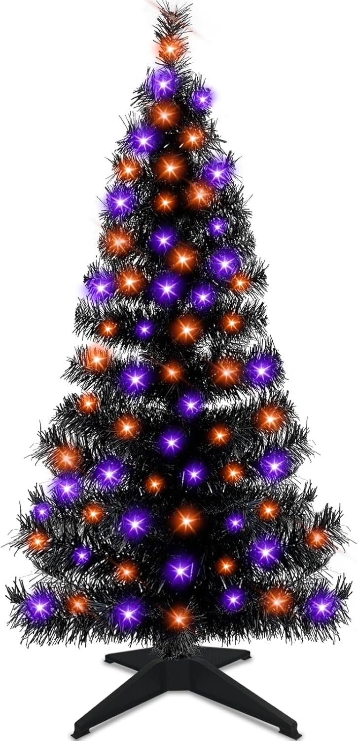 Trees - [ Orange & Purple Lights ] 3 Ft Halloween Christmas Tree with Timer DIY 60 LED Battery Powered Full Artificial Black Xmas Tree for Halloween Decorations Home Indoor Outdoor Party