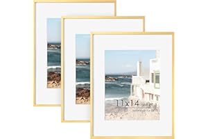 FLYJOE 11x14 Picture Frame -11x14 Metal Picture Frame With Mat For 8x10 | 14x11 Frame Aluminum | Plexiglass And Hanging Hardware Included | 11 by 14 Poster Frame, Set of 3, Gold
