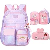 PRNGCAN Girls Backpack Starry Rainbow Bookbag Cute Large Capacity Backpack Multifunction Fashion Casual Laptop Travel Bag For Girl (Purple-17inch)