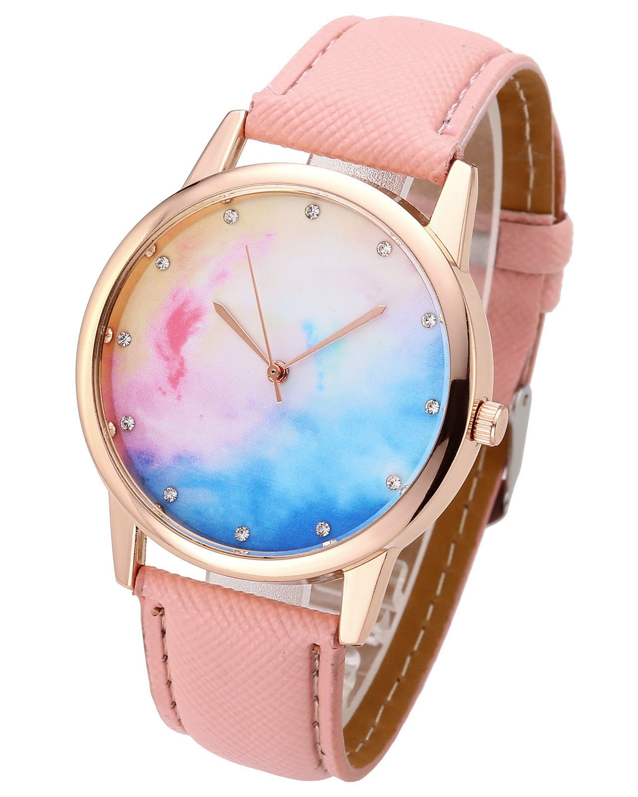 JSDDE Uhren,Fashion Cute Candy Farbe Damen Armbanduhr Sternenhimmel Farbverlauf Kleid Uhren PU Lederband Quarz Uhr,Pink