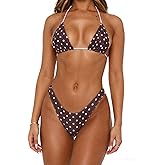 Sunloudy Women's Triangle Bikini Swimsuits Sexy Lace Trim Halter Cheeky Triangle Thong 2 Piece String Bikini Sets