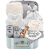 Fvntuey Baby Shower Gifts, Baby Boy Gifts Basket Includes Newborn Blanket Baby Lovey Security Blanket Wooden Rattle Toy, Funny Baby Bibs Socks & Greeting Card - Baby Gift Set Newborn Shower Basket