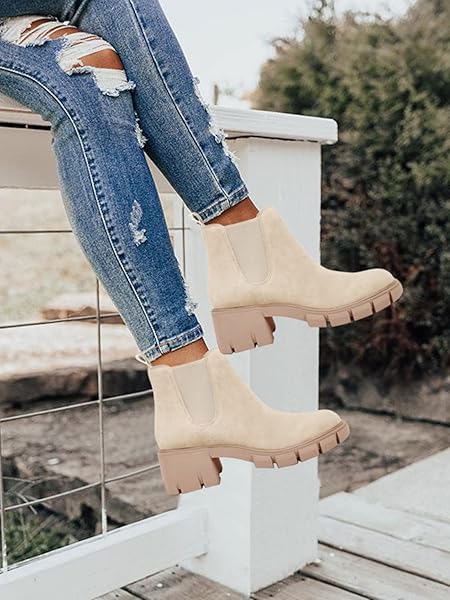 JULIET HOLY WOMENS LUG SOLE PLATFORM ANKLE BOOTIES CHELSEA SLIP ON CHUNKY BLOCK HEEL LEATHER COMBAT BOOTS NUDE 6.5