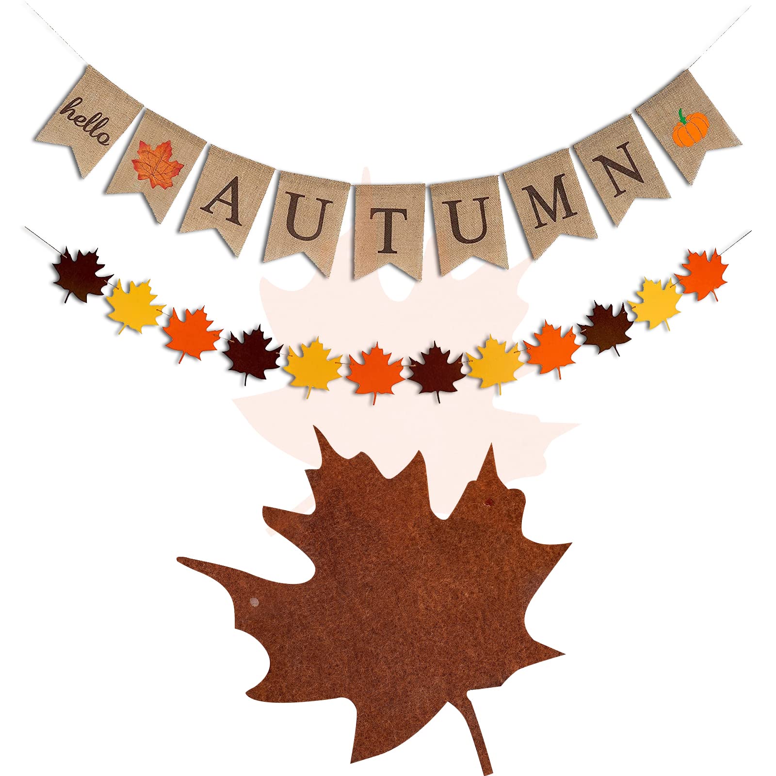 1 Hello Autumn Letter Burlap Banner and 1 Maple Leaf Garland Hanging Banner for Autumn Decorations Thanksgiving Festival Party Fall Harvest Bunting Home Decor