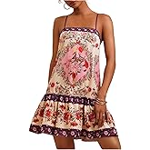 RoseSeek Women's Floral Boho Flowy Mini Cami Dress Ruffle Hem Spaghetti Strap Vacation Tank Dresses