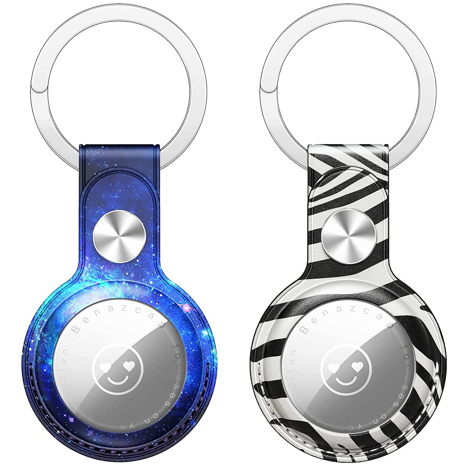 Benazcap 2 Pack PU Leather Case for AirTags 2021 Key Finder (Locator Tracker), Mini AirTags Tracker Cover Skin and Hard AirTag Keyring, AirTags Case Cover with Keychain, Starry Blue/Zebra Color