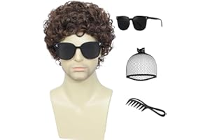 Auguyist Afro Wigs Short Curly Wig for Male Guy Rocker Wig California Halloween Cosplay Costume Full Wigs (Brown)