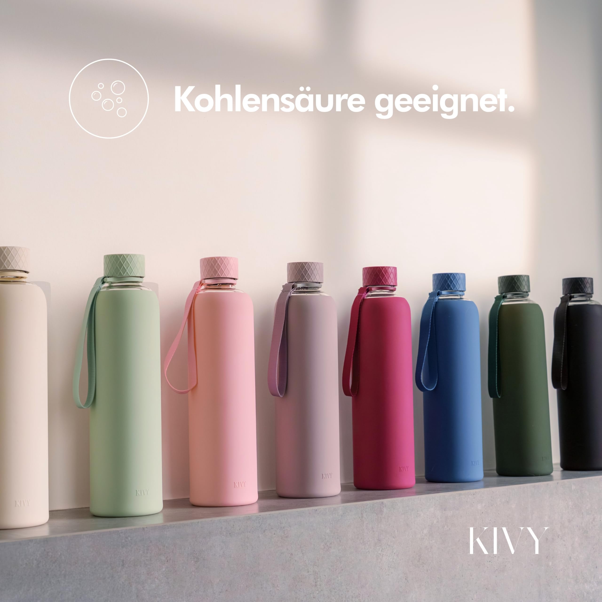 KIVY Glas Trinkflasche 1l mit Silikonschutz - Kohlensäure geeignet 6