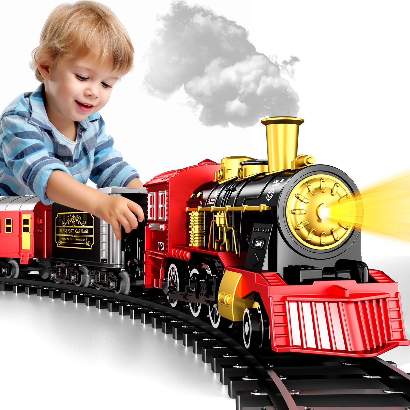Doloowee Train Sets, Train Toy for 3 4 5 6 7 8 Year Old Boys Girls, Vintage Steam Train with Light & Sounds, Alloy Locomotive, 5 Carriages, 20PCS Track Accessories