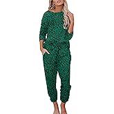 Ekouaer Womens Pajamas Set Long Sleeve Loungewear Soft Lounge Set Joggers with Pockets,Medium,Green Leopard