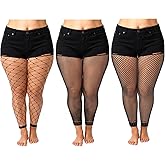 Prasacco 3 Pairs Women's Plus Size Fishnet Stockings, High Waist Stretchy Footless Tights, Black Pantyhose For Daily XL-4XL