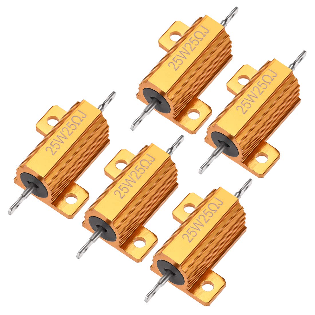 sourcingmap 25W 25 Ohm 5% Aluminum Housing Resistor Screw Tap Chassis Mounted Aluminum Case Wirewound Resistor Load Resistors Gold Tone 5 Pcs