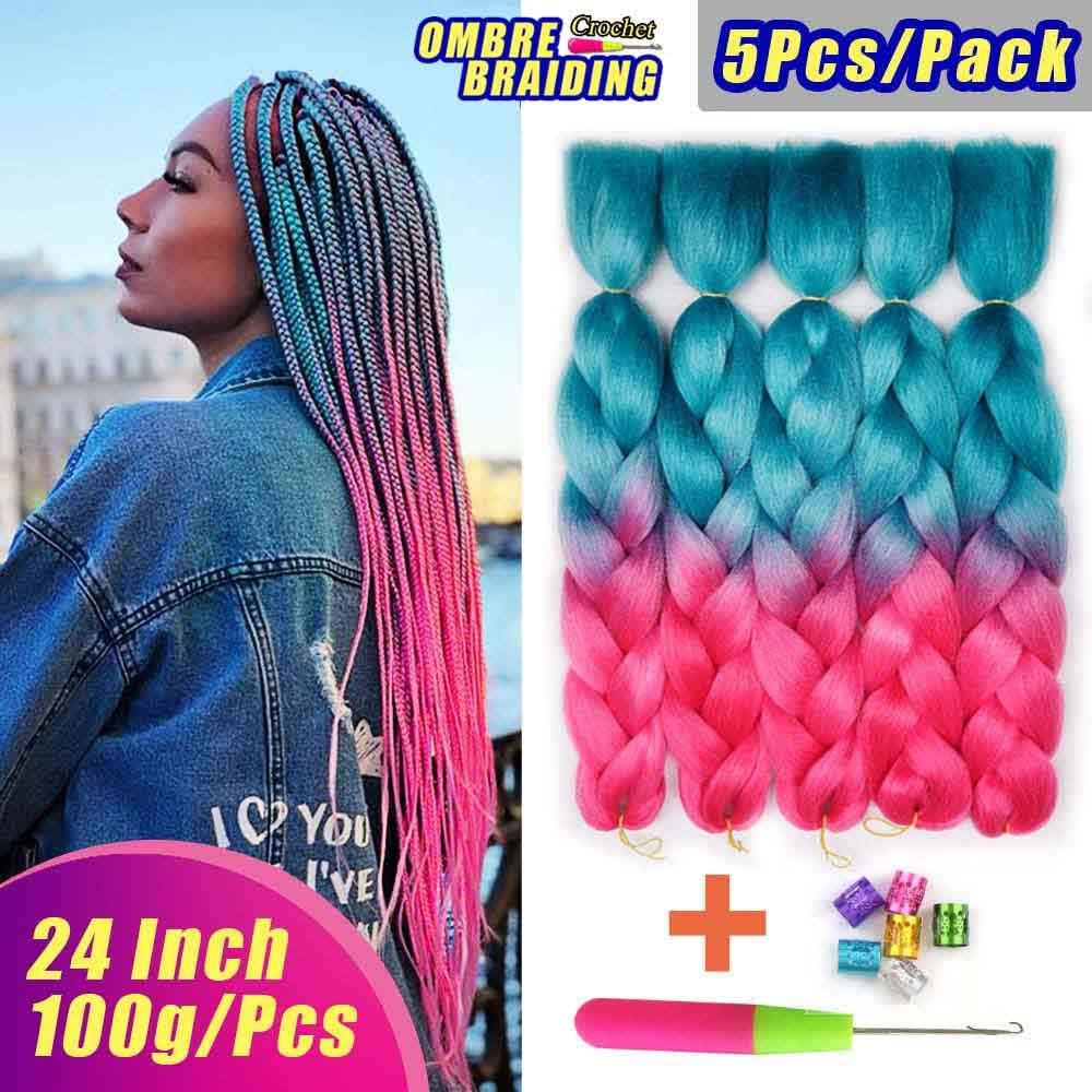 AIDUSA Ombre Colors Braiding Hair Ombre 5pcs Synthetic Braids Hair Extensions 24 Inch 2 Tone for Box Braids Senegal Twist Crochet Braids 100g (#36 Blue to Rose Red)