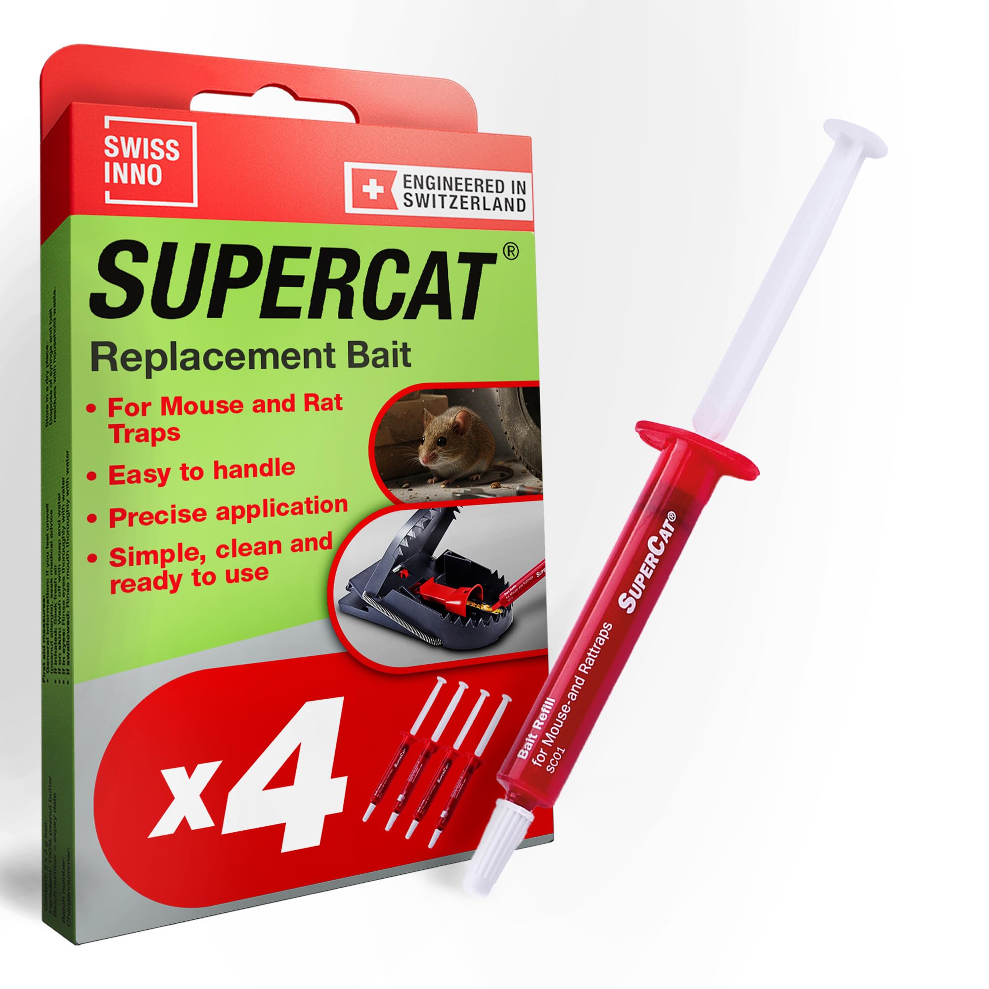 SWISSINNO SuperCat Bait Syringes Mouse & Rat Trap Bait Refill with Peanut Butter – Food-Based Rodent Attractant for Mouse Traps and Rat Traps, Indoor Rodent Control, Pack of 4