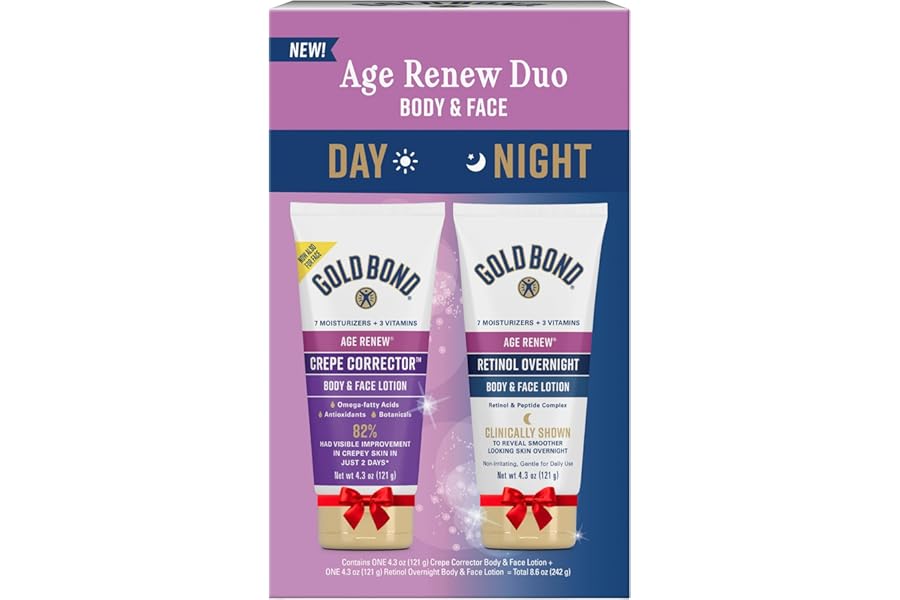 Gold Bond Age Renew Day & Night Duo Lotion Set for Body & Face, Gold Bond Crepe Corrector Lotion, Visibly Firms Skin & Gold Bond Retinol Overnight Lotion, Visibly Smooths Skin, 8.6 oz.