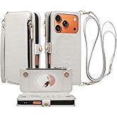 Stylivolve Crossbody Wallet Case for iPhone 17 Pro with Mirror, Wrist Strap, Zipper Purse Magnetic Flip, RFID Blocking Card Holder, Wireless Charging, PU Leather Shockproof 6.3" Women (White)