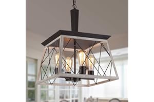Q&S Farmhouse Vintage Chandelier, Rustic Pendant Light,Industrial Hanging Light Fixture for Dining Room Kitchen Island,Wrought Iron,ORB+Oak White 4 Lights E26 UL Listed