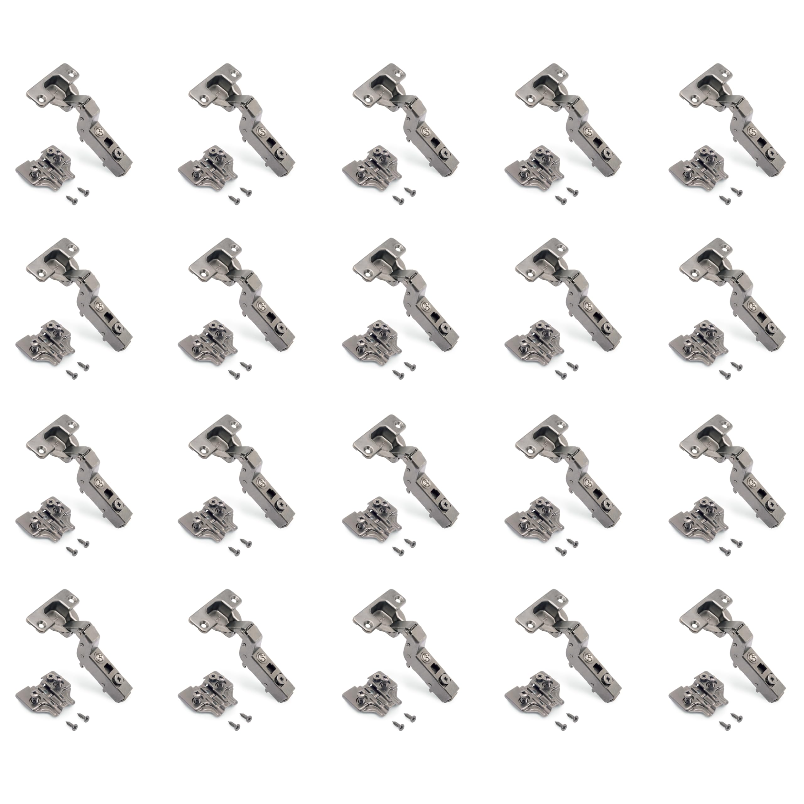 Emuca - Kit of 20 Inset Overlay Hinge X91 with Soft Close and Plate with Euro Screw, 105º Opening, Titanium, Steel