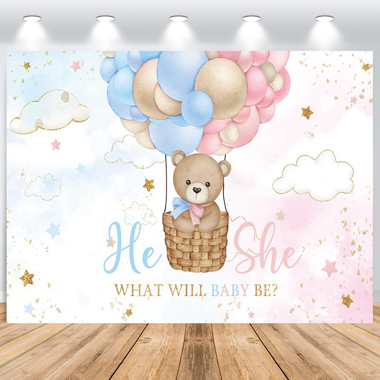 Hnmdmyi 7x5FT Gender Reveal Backdrop Bear Hot Air Balloon Blue or Pink He or She What Will Baby Be Photography Background Gender Reveal Party Cake Table Decorations Banner Photo Booth Props