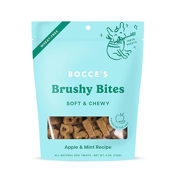 BOCCE’S BAKERY DAILIES BRUSHY BITES DOG TREATS FOR WELLNESS SUPPORT, WHEAT-FREE DOG TREATS, MADE WITH REAL INGREDIENTS, BAKED IN THE USA, ALL-NATURAL SOFT & CHEWY, APPLE & MINT RECIPE, 6 OZ