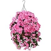 INQCMY Artificial Hanging Flowers with Basket for Garden Outdoor Spring Summer Decoration,Faux Silk Begonia in Planter Look Real UV Resistant for Home Porch Patio Balcony Yard Decor(Red)
