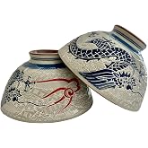 Japanese Mino Ware Ceramic Rice Bowl Set, Dragon, 4.84 Inches Diameter x H2.56 Inches, 13.3 Fluid Ounces Set of 2 from Japan (Navy Dragon)