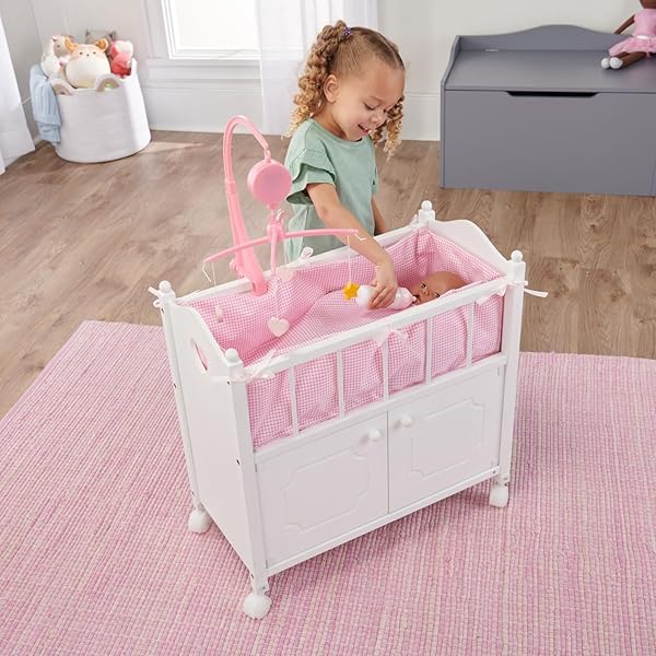 BADGER BASKET WOODEN TOY DOLL BED WITH STORAGE, MOBILE, AND BEDDING TO PRETEND AND PLAY – INCLUDES WHEELS AND FREE PERSONALIZATION KIT – WHITE WITH PINK GINGHAM FABRIC