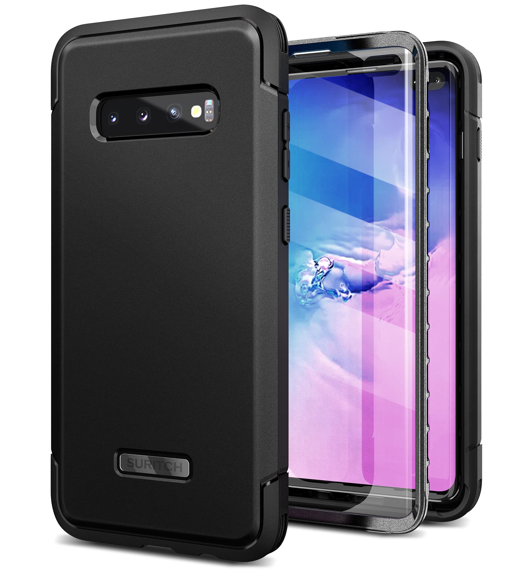 Photo 1 of SURITCH for Samsung Galaxy S10 Plus Case, [Built-in Screen Protector] 360° Full Protection Military Grade Shockproof Rugged Bumper Thick Protective Phone Cover for Samsung S10 Plus 6.4 Inch - Black
